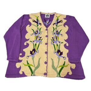 Purple Iris Storybook Knit Cardigan Sweater Size 1X Floral Embroidered